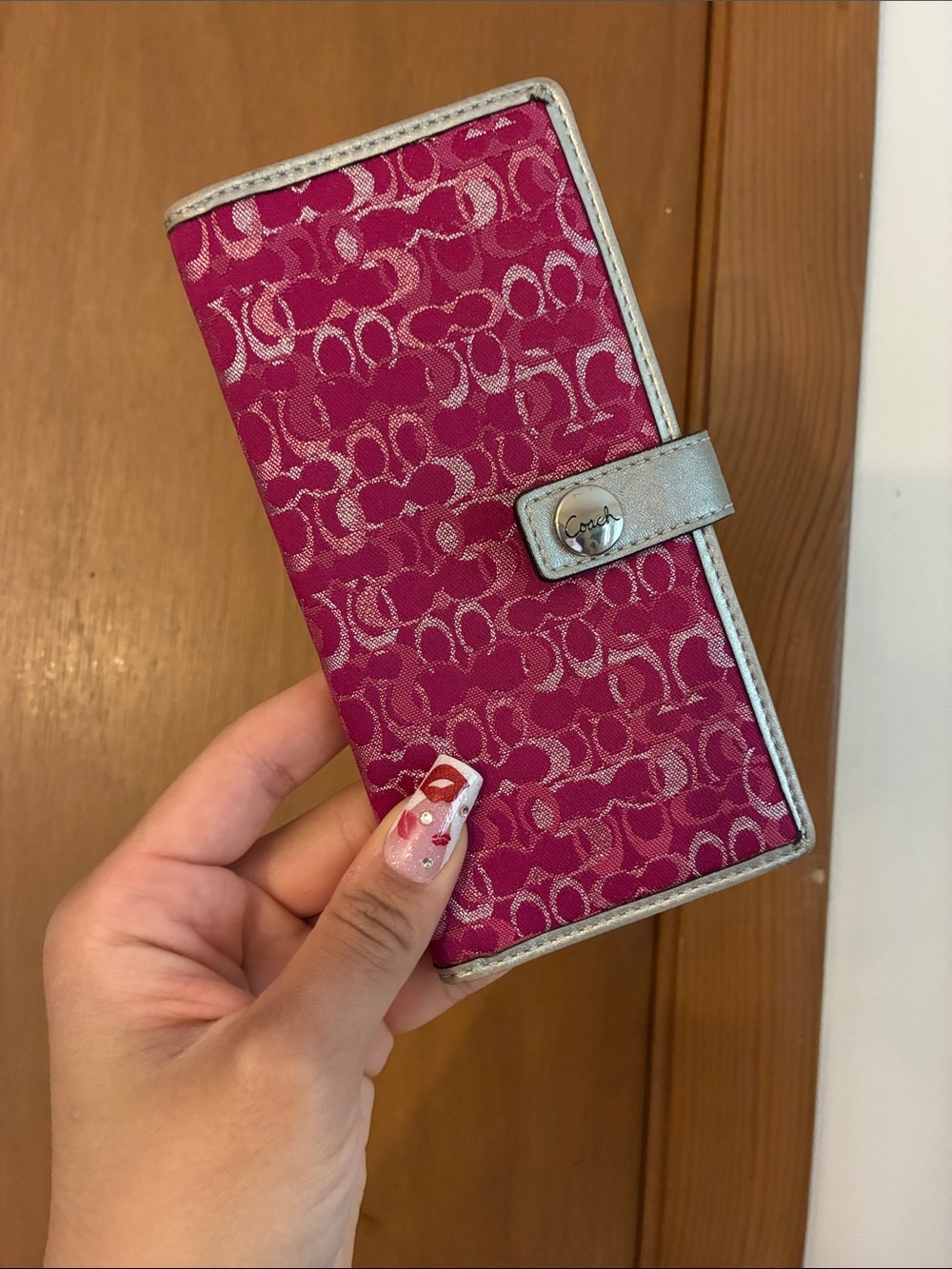 Coach Hot Pink Optic Signature Card Case with Silver Trim
